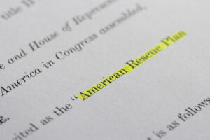 Closeup of the documents of the American Rescue Plan Act of 2021