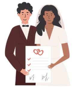 Digital image of a couple in wedding clothes, holding a prenup with hearts on it. 