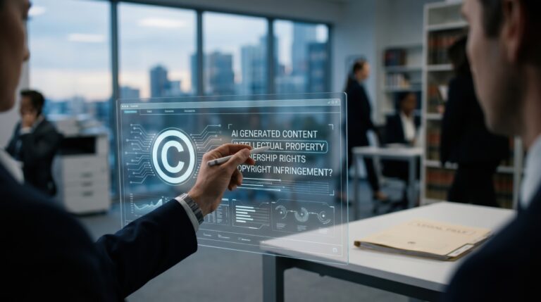 attorneys discussing ai-generated content on screen